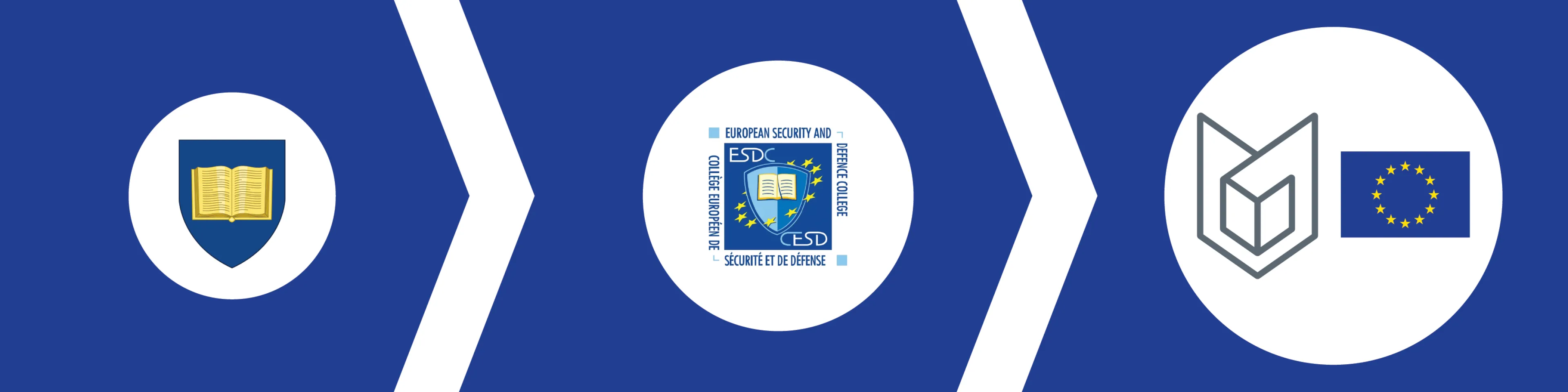 The three historic logos of the ESDC in white circles on blue blackground. Left to right, old to new indictaed by arrows