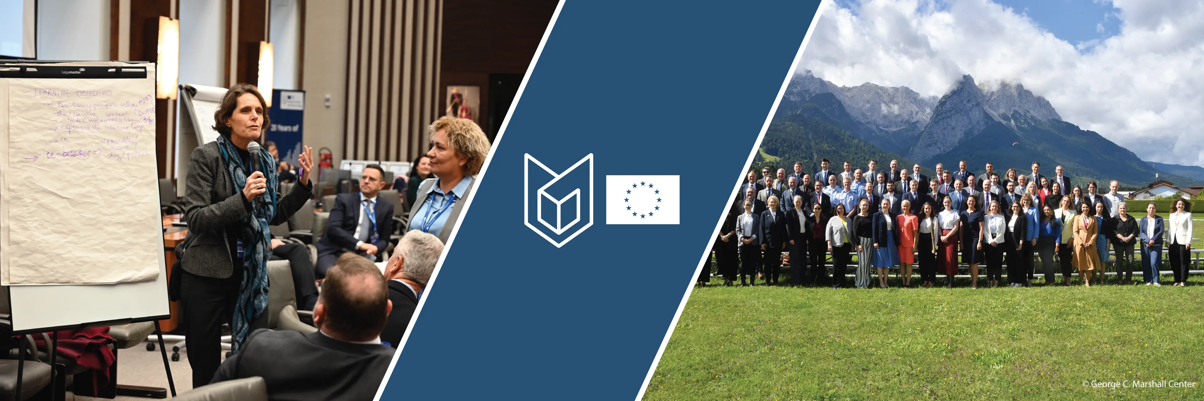 On the left, people debating in front of a white board, in the middle ESDC logo, on the right, big group photo in front on mountain scene.