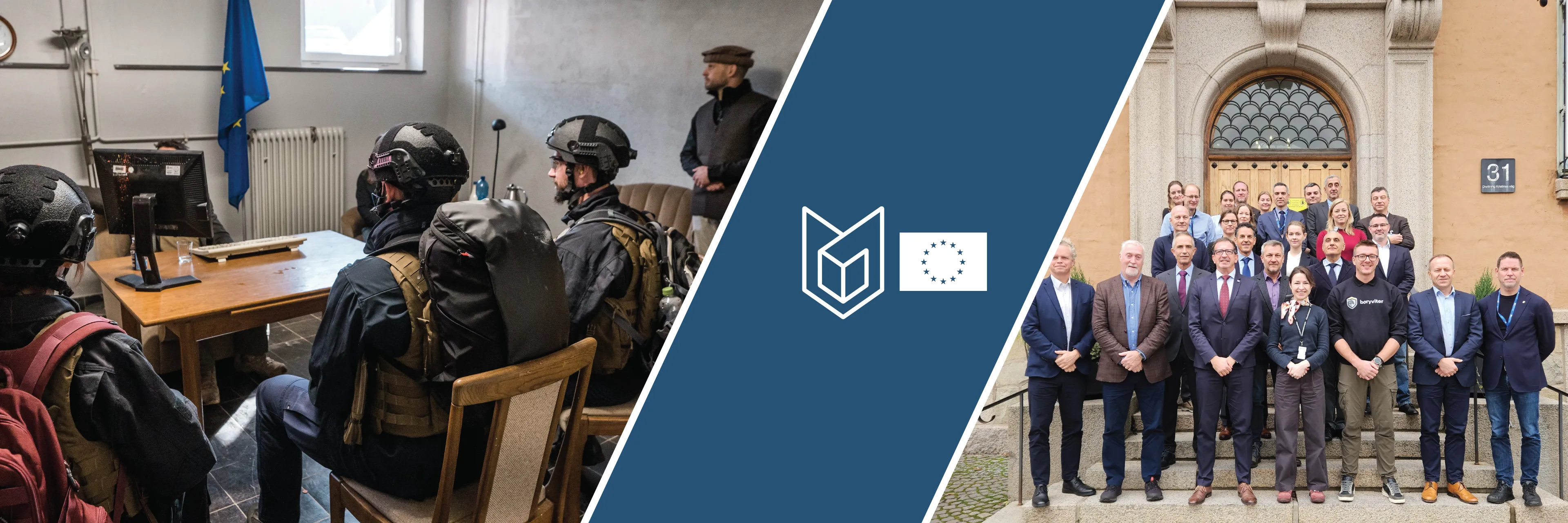 On the left group of people for a group photo after a course, on the right interogation scene during a HEAT course. 3 People in front of a table with helmets and balistic vests. Another person behind the desk. 