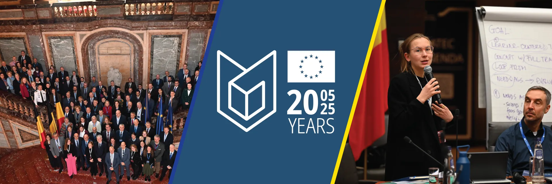 Banner split in 3 parts. Left part, big group of people on palace stairs, middle ESDC 20th Anniversary logo, right part Woman holding a microphone giving a presentation.