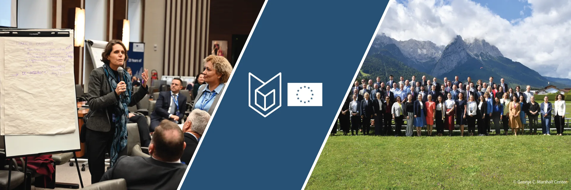 On the left, people debating in front of a white board, in the middle ESDC logo, on the right, big group photo in front on mountain scene.