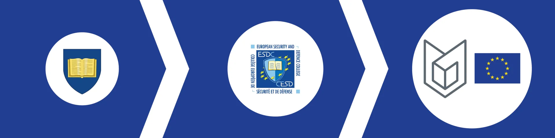 The three historic logos of the ESDC in white circles on blue blackground. Left to right, old to new indictaed by arrows