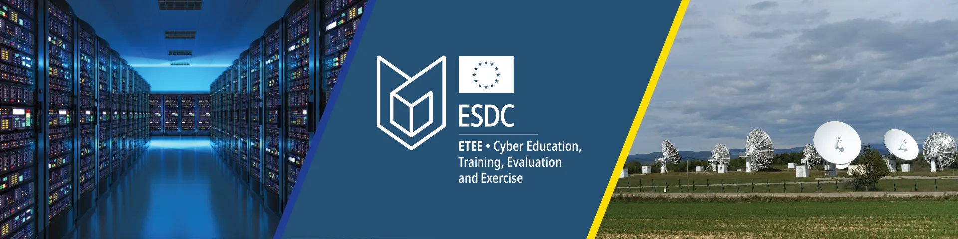 left server room in the dark, centre ESDC Cyber logo negative, right ground satelite station