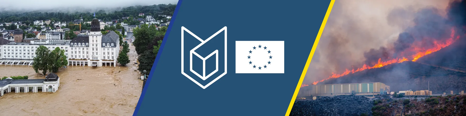Banner of CCESD. Split in three part by vertical slightly tilted lines in EU blue and EU yellow. On the left a picture of a flood in europe. Buildings are partly under water and brown water is rushing through the streets. In the middle the mude negative version of the ESDC logo only depecting the Shield and the EU flag. On the right a picture of a forest fire on a hill in the background and buildings in the front. 