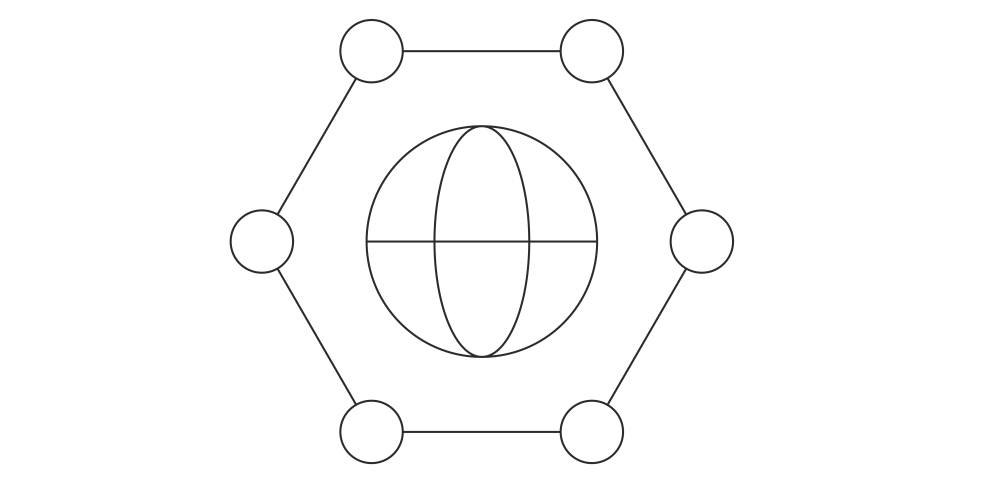 A hexagon with a world in the middle