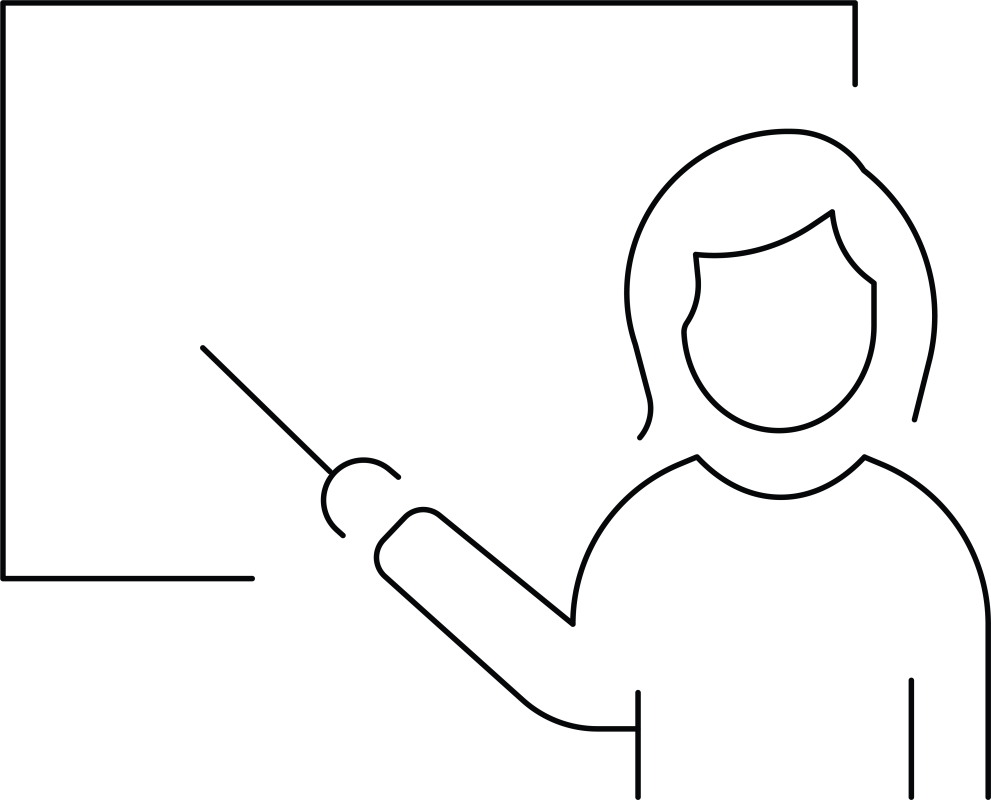 Person with long hair infront of blackboard with indicator