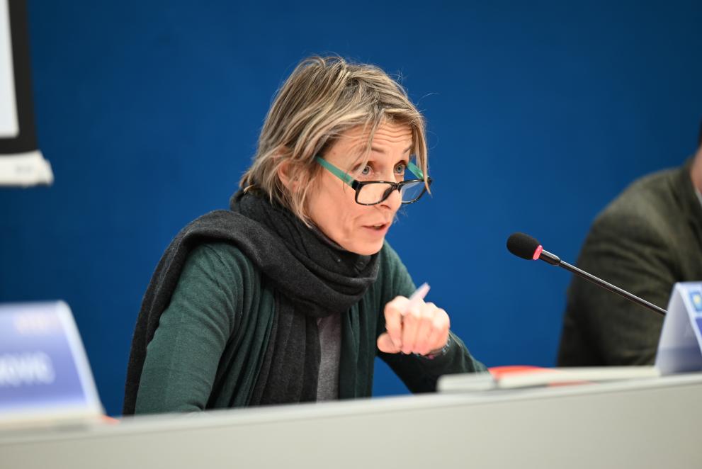 Monika Psenner, a female, speaking on a podium in front of a microphone. She is wearing a green pullover and a dark green vest. She is wearing glasses. She has blond hair. 