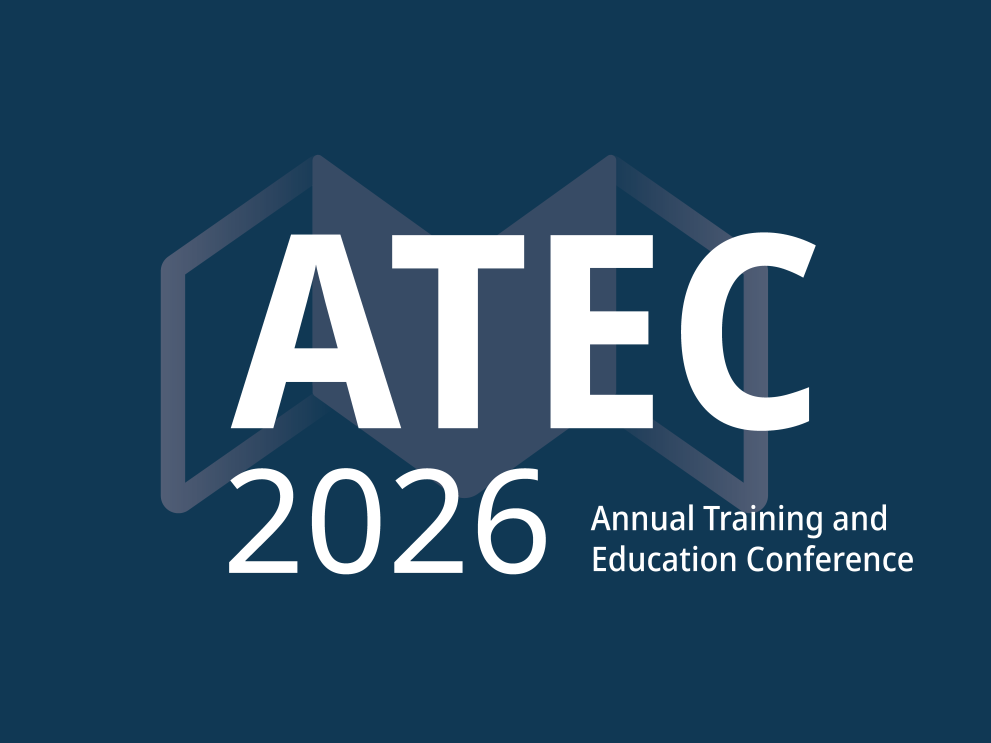 ATEC 2026 Logo. Its the letter ATEC above "2026 Annual Training and Education Conference" In the background, a shield that folds into a book.