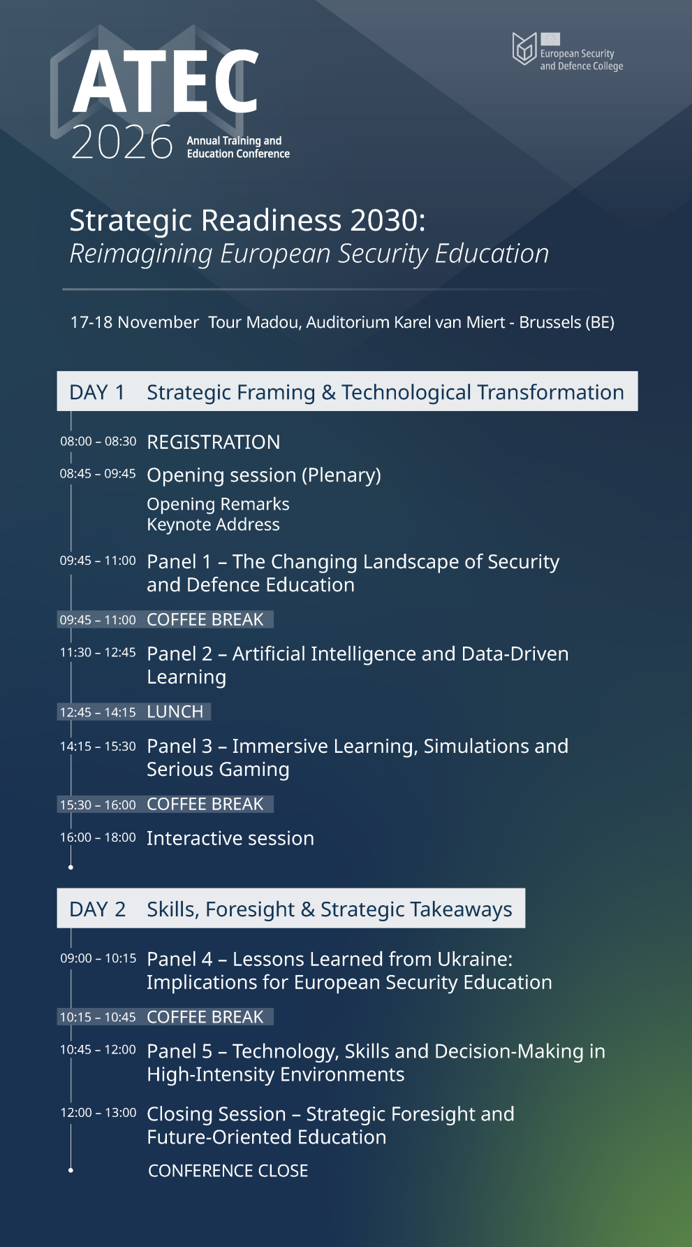 The programm for ATEC 2026. Below you will find the programme also in PDF format, ready for screenreaders. 