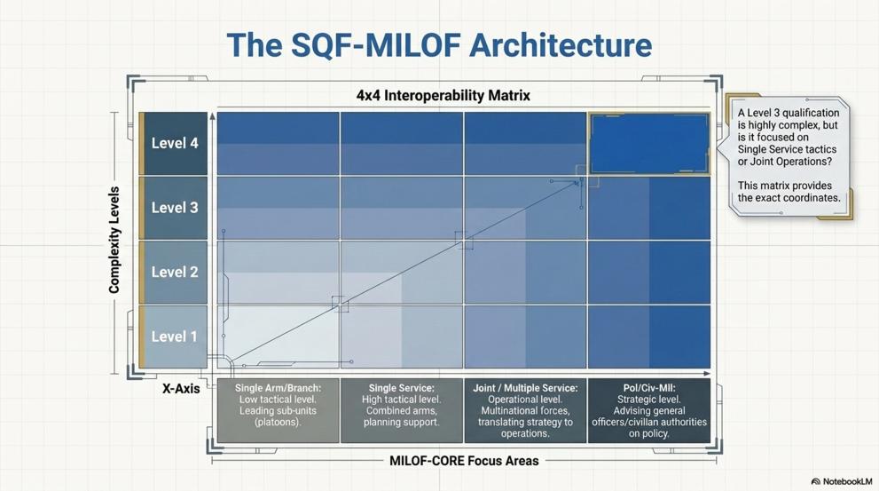 a 4x4 interoperability matrix. On the Y Axis the complexity level. Level 1 to 4. On the X axis MILOF-CORE Focus Areas: First Single Arm/Branch. Low tactical Level, Leading sub units (platoons). Second, Single Service. High tactical levels. Combined arms, planning support. Third Joint/Multiple Service. Operational Level, multinational forces, translating strategy to operations. Fourth Pol/Civ-Mil. Strategic level. Advising geenral officers/civilian authorities on policy.
