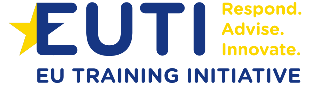The logo of "EUTI EU Training Initative Logo". The logo consist of the letter EUTI on the left with half an European Star in yellow appearing out of the E. Below it states EU Training Initative. Those texts are both in dark blue. On the right it says on top "Respond." Then in the middle: "Advise." and on the bottom "Innovate." These letters are in yellow.
