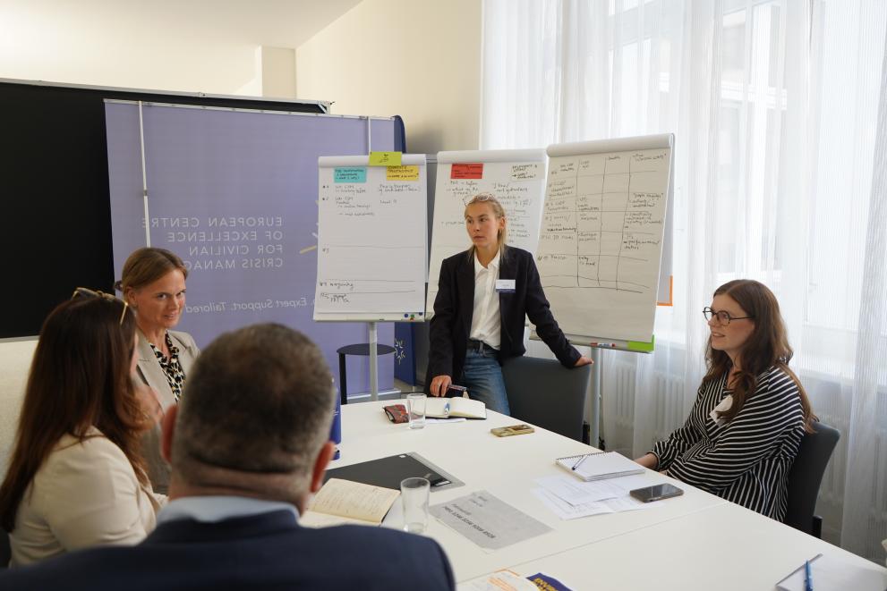 A women standing in front of multiple flip charts discussing with a group of 4 people in front of her. The four people are sitting at a table. There is writing on the flipcharts and multiple coloured papers. 