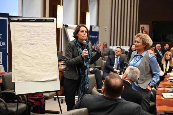 A woman with a microphone and a whiteboard presents to a group of people. 