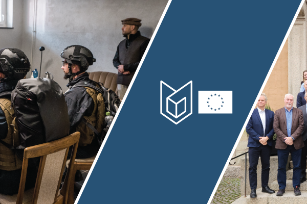 On the left group of people for a group photo after a course, on the right interogation scene during a HEAT course. 3 People in front of a table with helmets and balistic vests. Another person behind the desk. 